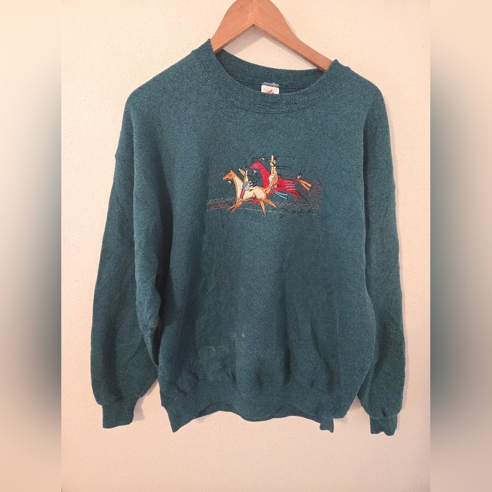 Vintage Jerzees Sweatshirt Horse Indigenous People Indians Mens XL 90s Embroider